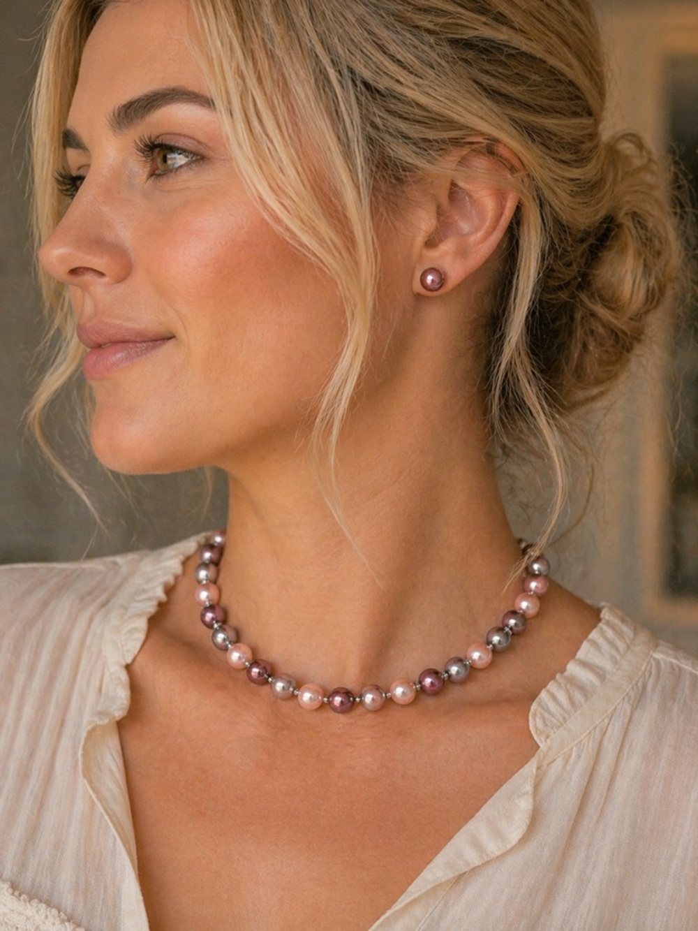 Vintage Multicolor Pearl Choker Necklace & Earrings Set